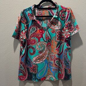 🌸 Boho Multicolor Paisley Short Sleeve Blouse w/ V-Neck Ruffle – Size XL 🌸